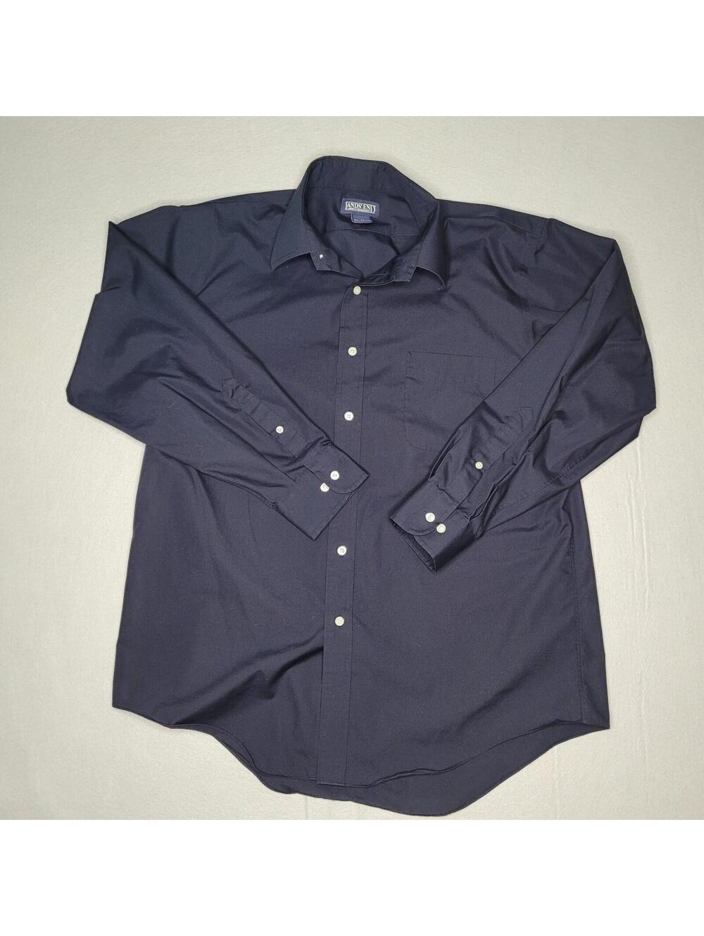 Lands' End Mens Dress Shirt 16 1/2 32/33 Wrinkle Free Long Sleeve Button Up Navy